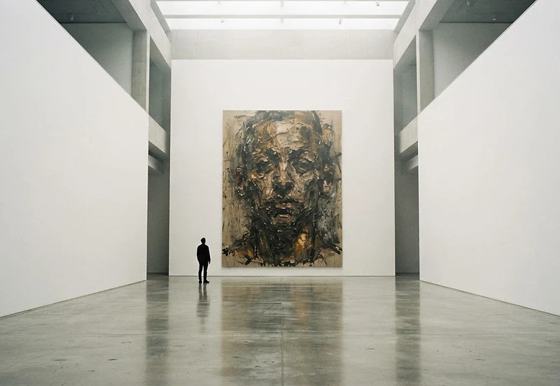 A minimalist gallery interior with a large-scale artwork