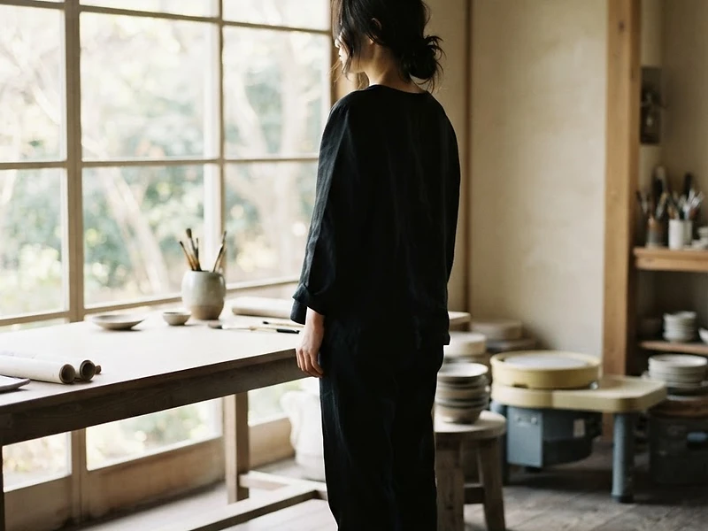 HONG XI photographed from behind in a minimalist studio