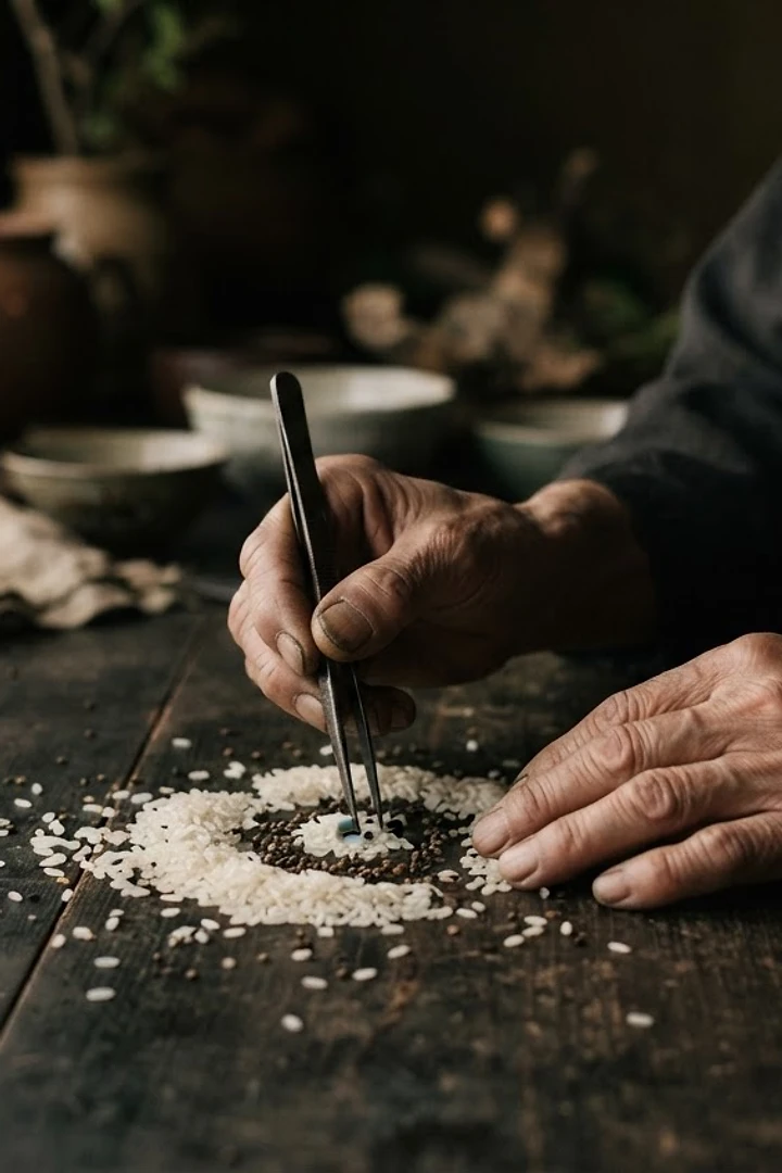 Artist hands sorting rice grains and seeds on a dark table