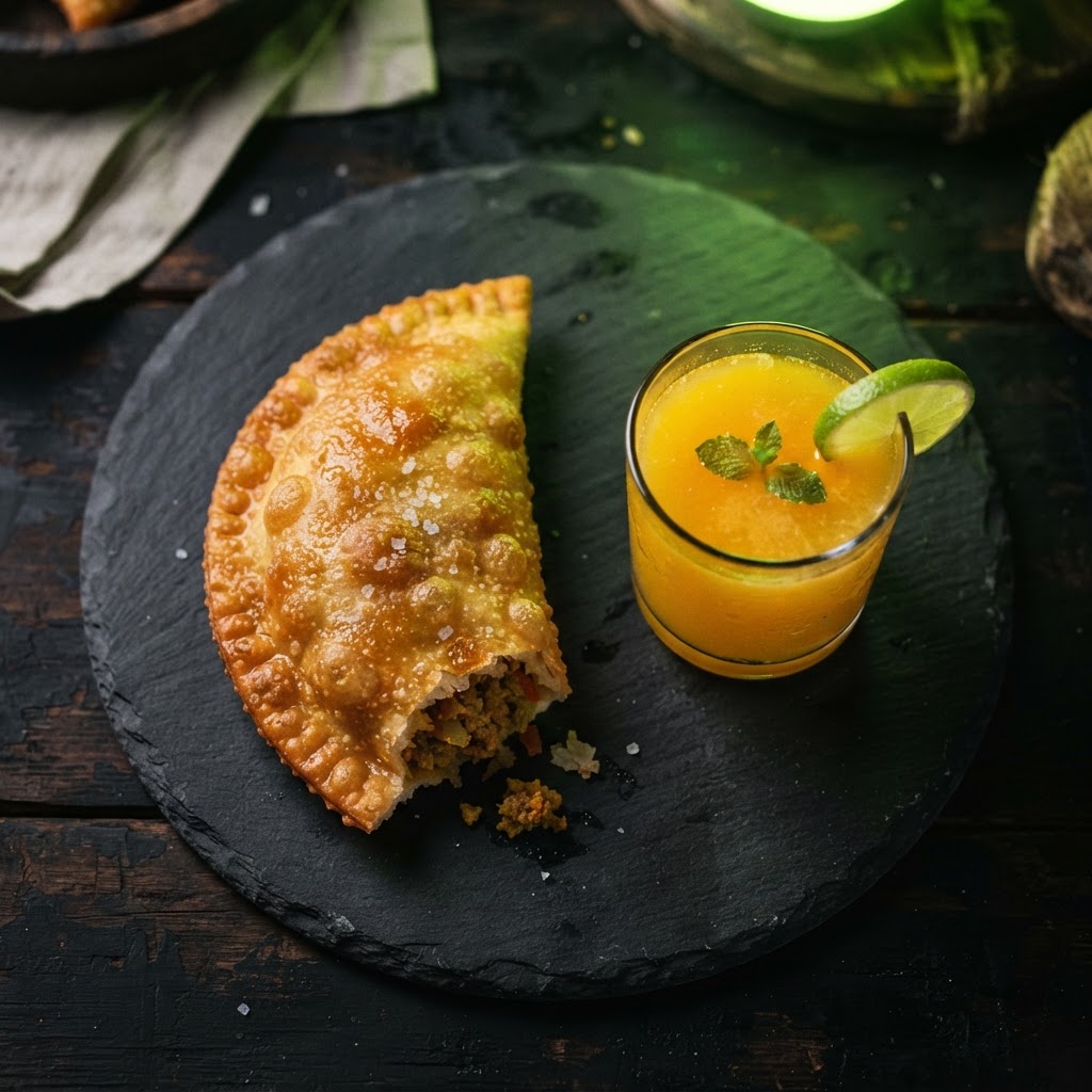 Pastechi + small juice breakfast combo at On The Go, late-night food in Curaçao