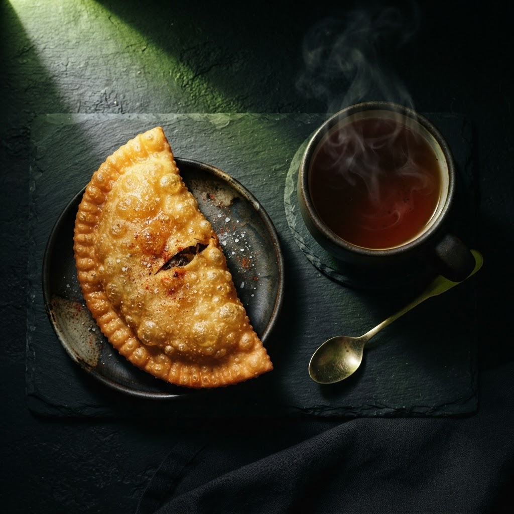 Pastechi + cup of tea breakfast combo at On The Go, late-night food in Curaçao