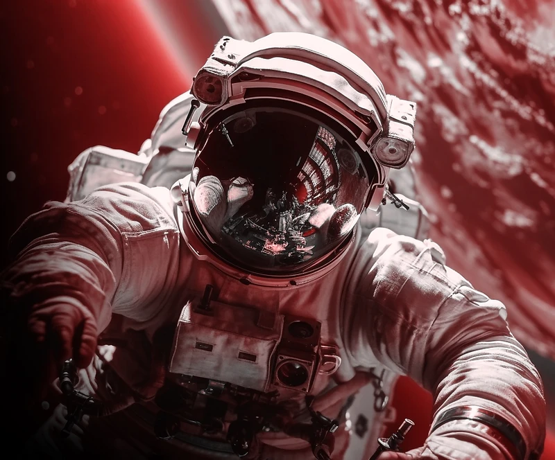 Astronaut floating in space beside a red planet