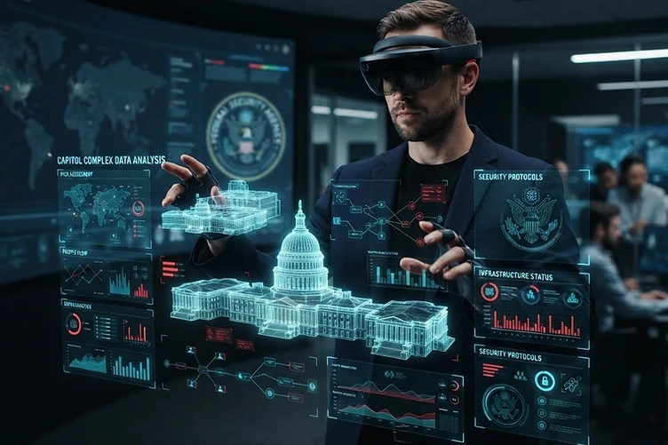 Professional using extended reality technology with holographic federal data models