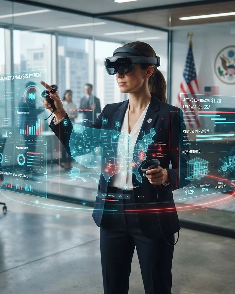 Professional using extended reality headset with holographic federal market data