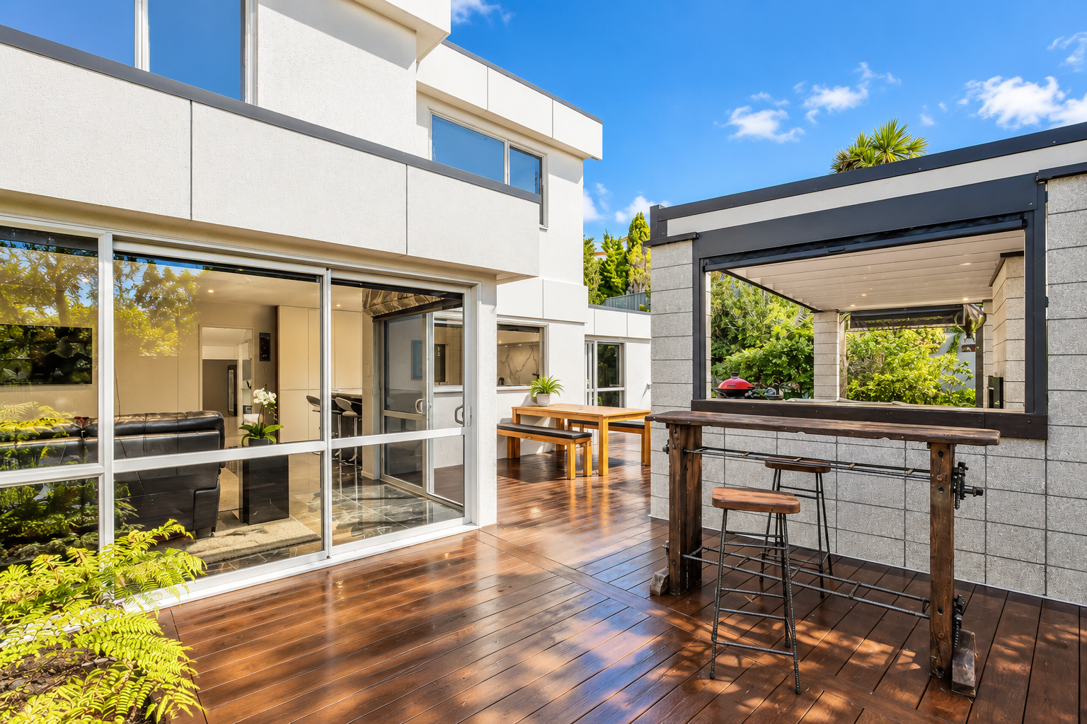 Sunlit Deck — Living Flow & Bar Table