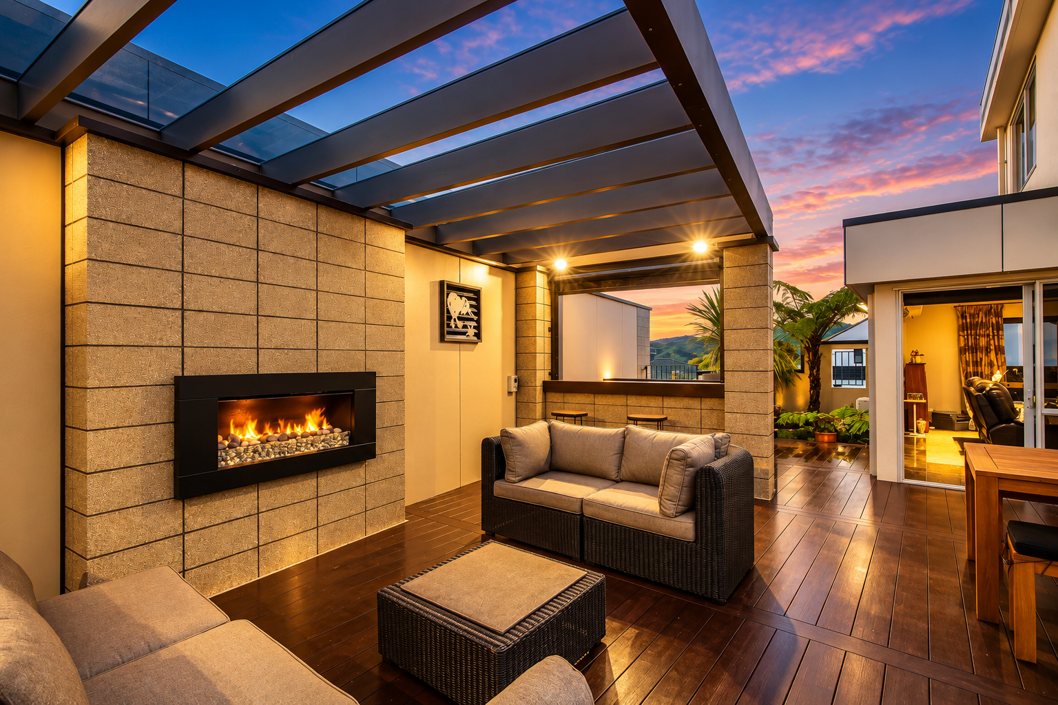 Evening Deck — Fireplace at Sunset