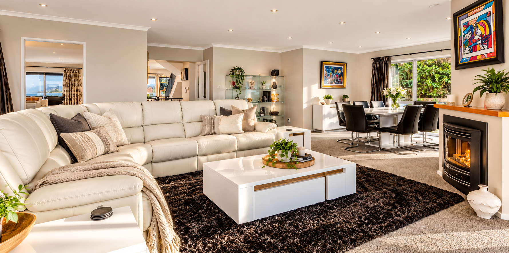 Living & Dining — Fireplace and Inlet Views