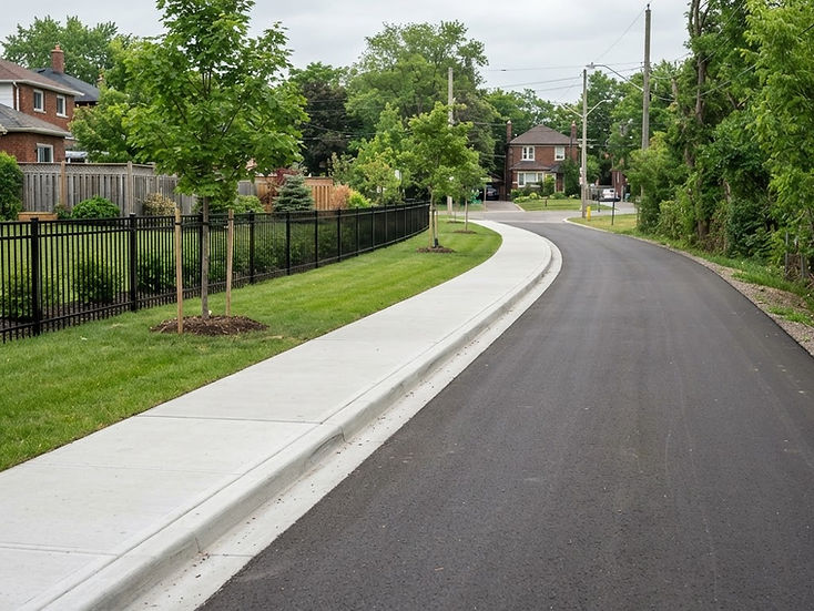 Newly paved asphalt laneway with fresh concrete curbs and fencing through a neighbourhood parkette