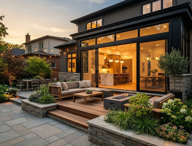 Backyard patio renovation with the renovated interior visible through the windows, by Don Henry & Sons Renovations