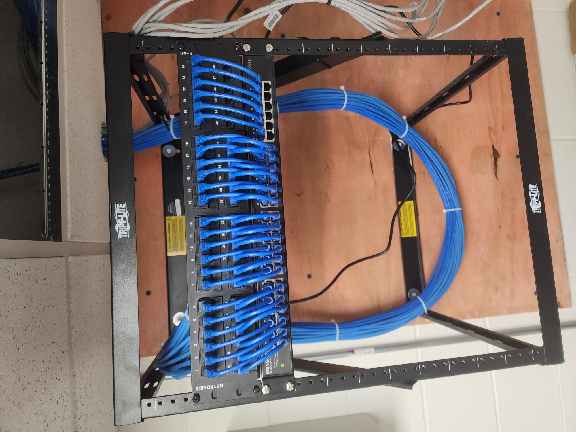 Wall-mounted Tripp-Lite network rack on plywood backboard with Ortronics patch panel, Netgear GS348 switch, and neatly dressed blue Ethernet cables