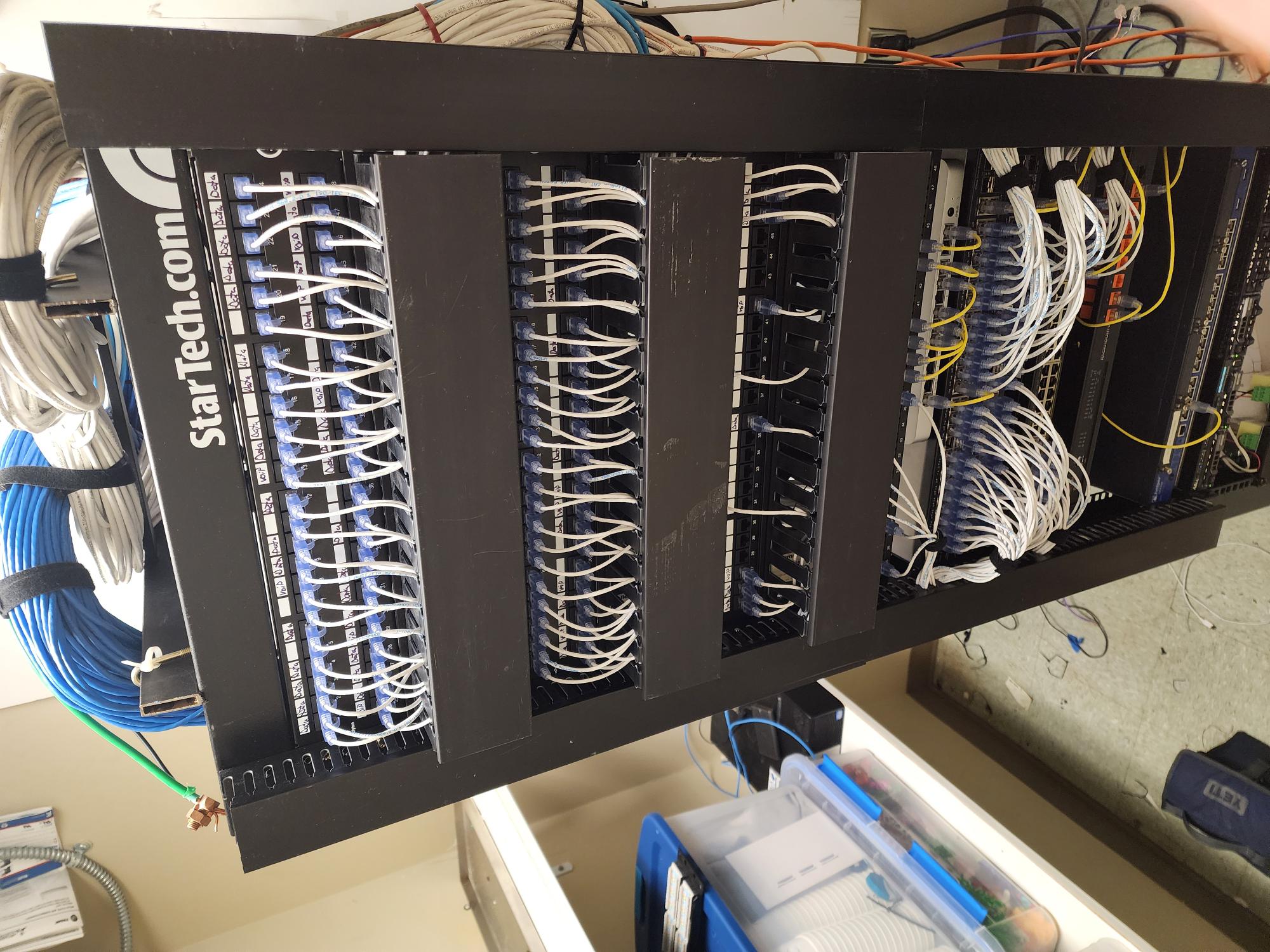 Completed cable management installation with white patch cables in tight vertical columns routed through black management channels on a StarTech rack