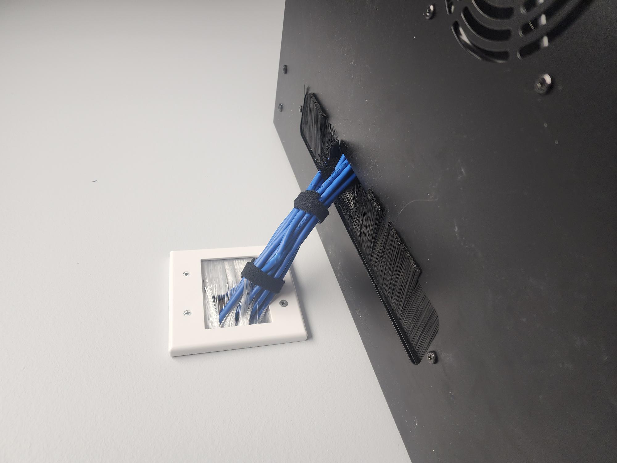 Close-up of blue Ethernet cables passing through a brush grommet in the back of a network rack into a white wall pass-through plate