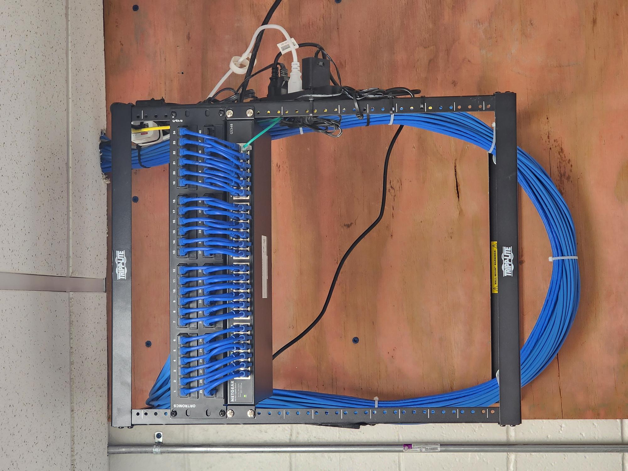 Wall-mounted Tripp-Lite network rack with Ortronics patch panels, Netgear GS348 switch, and neatly routed blue Ethernet cable bundles