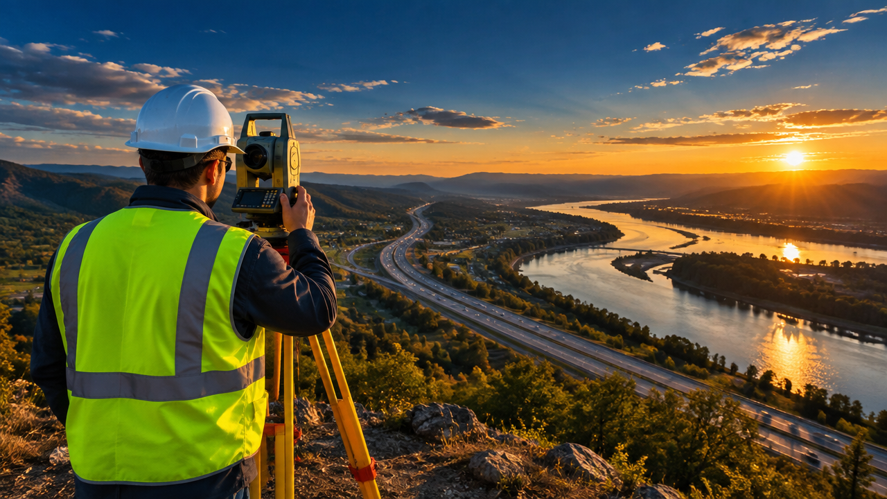 Surveyor operating a total station overlooking infrastructure