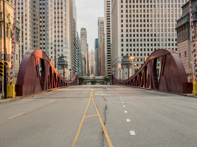 LaSalle Street bridge in Chicago's financial district, black and white.