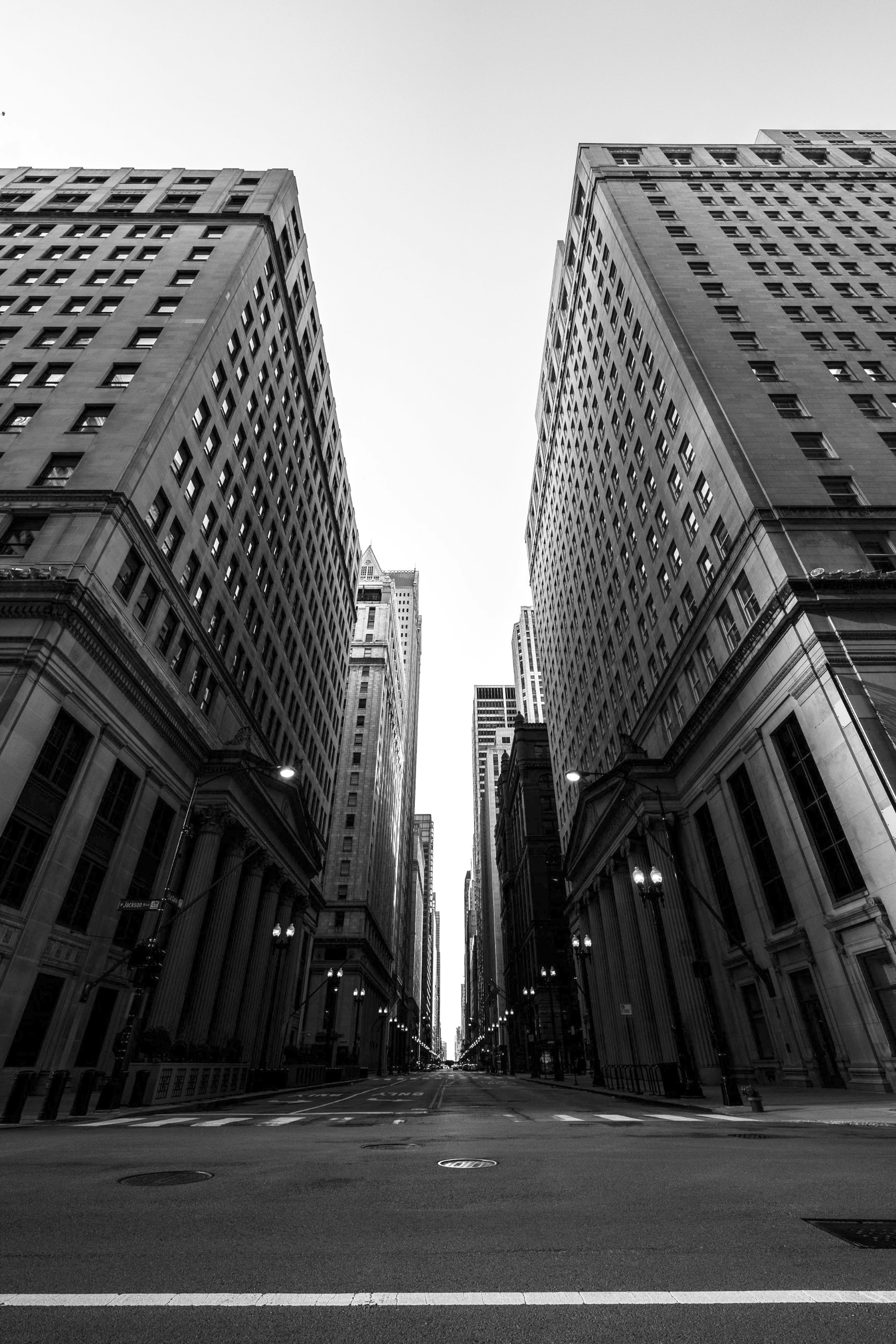 LaSalle Street looking north from Jackson Boulevard in Chicago's financial district, black and white.