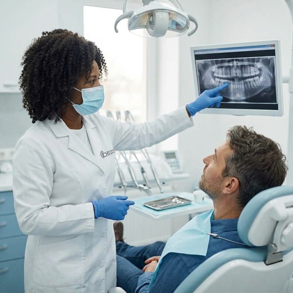 Dr. Chi with a smiling patient in the dental chair at Chi Family Dental