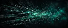 Abstract visualization of video data strips dissolving into emerald light
