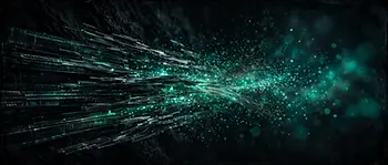 Abstract visualization of video data strips dissolving into emerald light