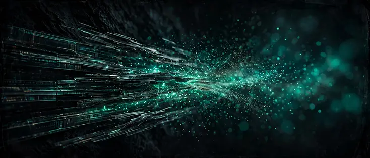 Abstract visualization of video data strips dissolving into emerald light