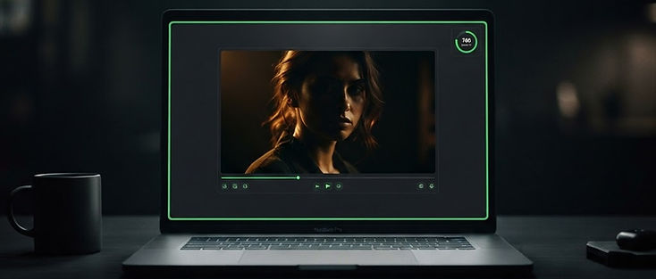 Laptop showing an AI video generator with a credits counter next to a short cinematic clip preview