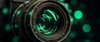 Close-up of a film camera lens reflecting green neon light in a dark studio