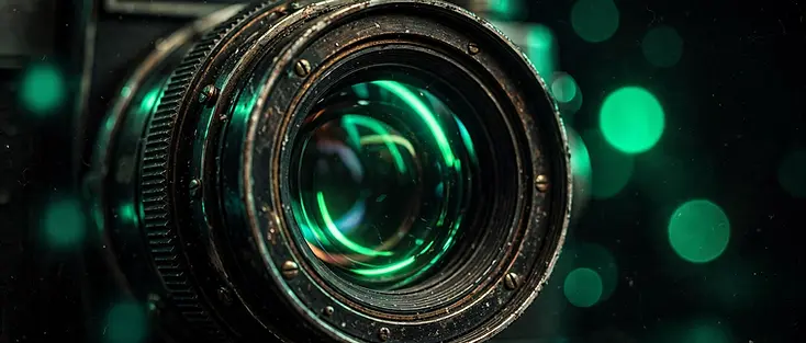 Close-up of a film camera lens reflecting green neon light in a dark studio