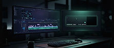 Video editor timeline next to a text-to-video prompt card on a dark desk
