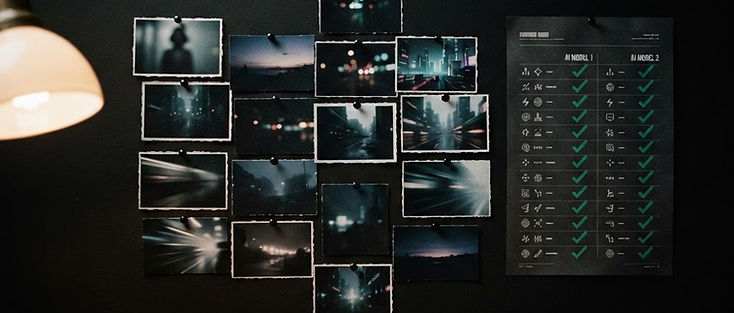 Moodboard of short cinematic AI video clips next to a comparison checklist