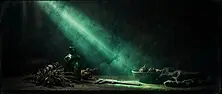 A single beam of emerald-green light cutting across a dark studio