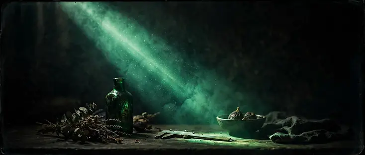 A single beam of emerald-green light cutting across a dark studio