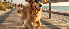 A golden retriever wearing tiny sunglasses riding a skateboard down a sunny beach boardwalk, captured as a still frame from an AI pet video