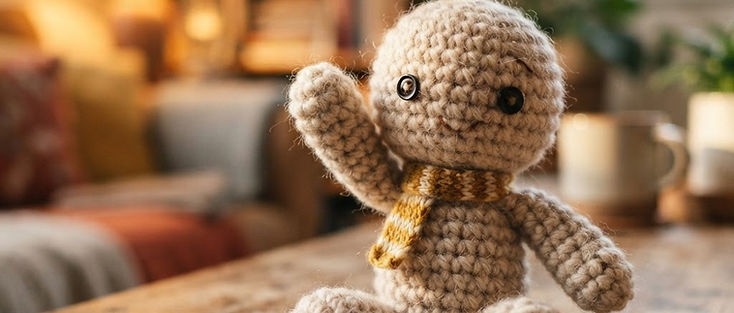 A small crochet doll made of soft yarn waving at the camera on a wooden table in warm light