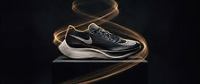 AI-generated product video frame of a sneaker on a studio pedestal with light trails
