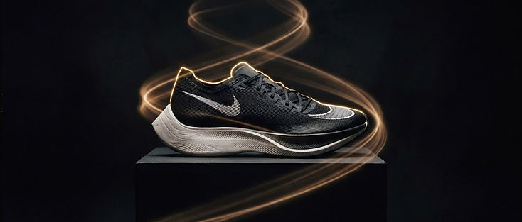 AI-generated product video frame of a sneaker on a studio pedestal with light trails