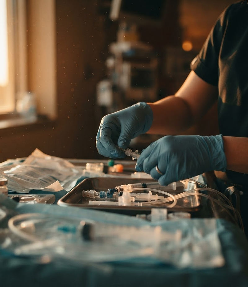Healthcare professional preparing equipment in warm light