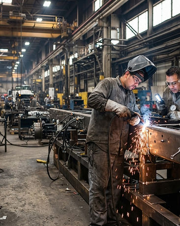 Workers welding and inspecting a vehicle frame