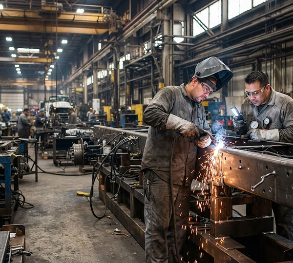 Workers welding and inspecting a vehicle frame