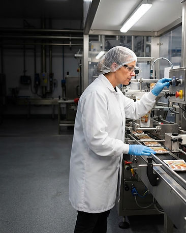 Food processing worker checking a packaging line
