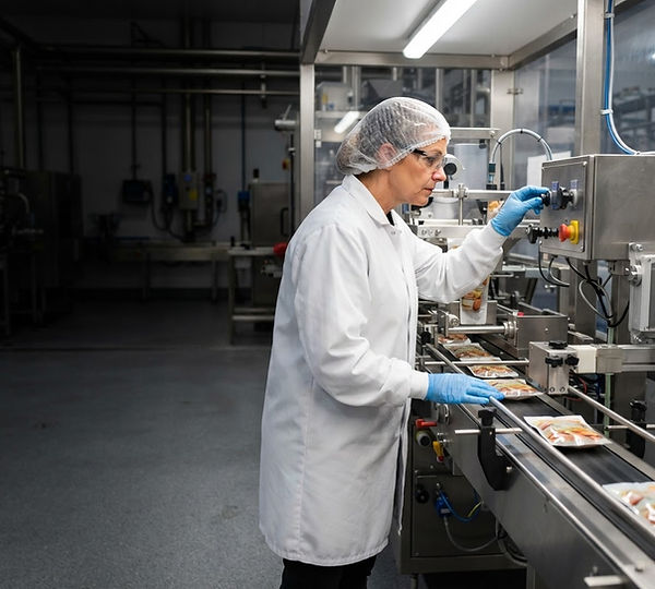 Food processing worker checking a packaging line