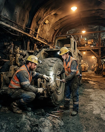 Mine workers inspecting heavy haul equipment underground