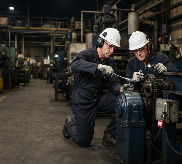 Maintenance professionals wearing hard hats, safety glasses, hearing protection, and work gloves while servicing a shut-down conveyor drive