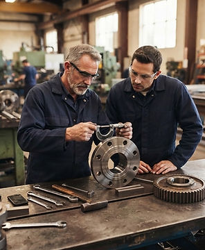 Plant professionals checking machined components at a precision production workstation