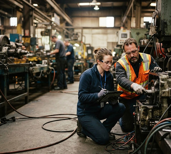 USC consultant and a maintenance technician inspecting equipment on a working production line