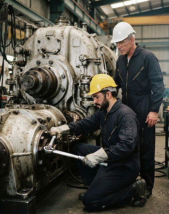 Illustrative steel mill specialists performing hands-on gearbox maintenance