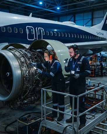 Technicians inspecting a jet engine in a hangar