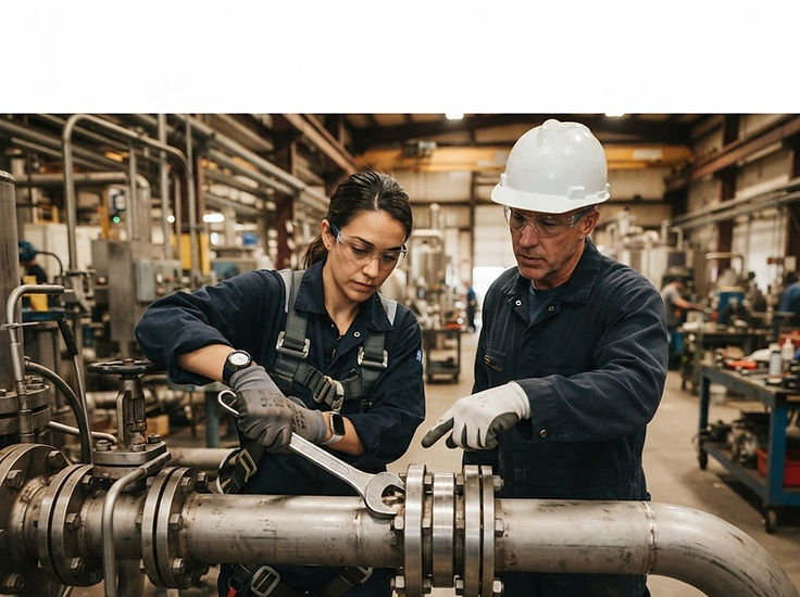 Industrial professionals implementing a mechanical improvement with hand tools