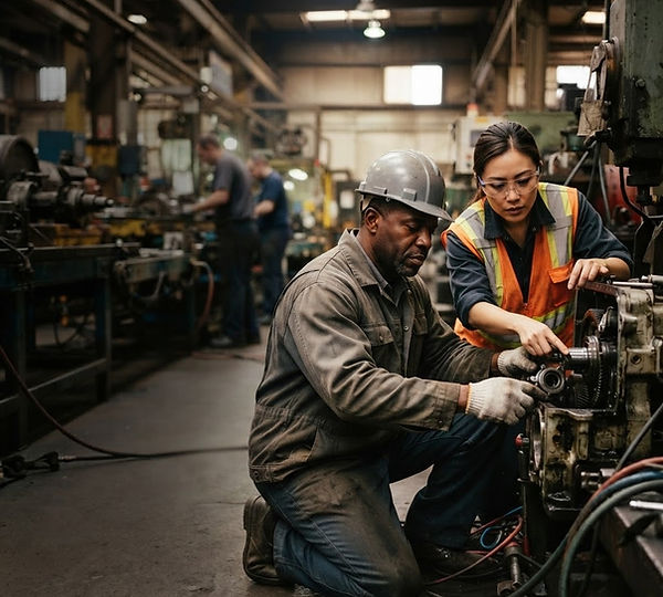 Plant professionals adjusting and inspecting machinery on a production line