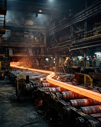 Illustrative steel rolling mill with hot steel moving along roller tables