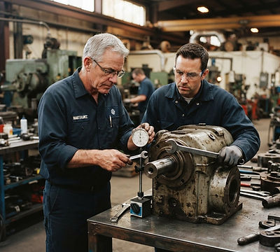 Maintenance specialists measuring a gearbox shaft with an analog dial gauge